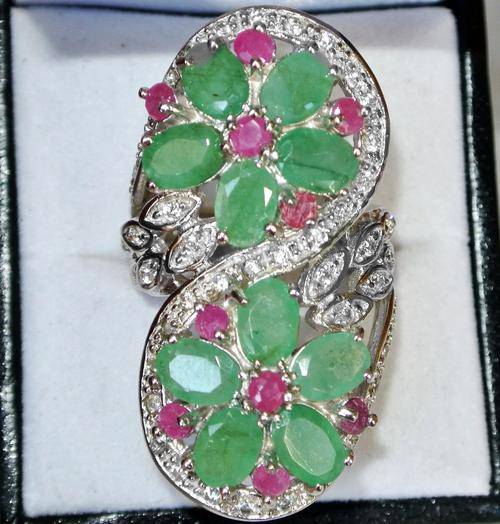 14k White gold Plated 925 Sterling Silver Emerald, Ruby and Cz Ring .  Valentine