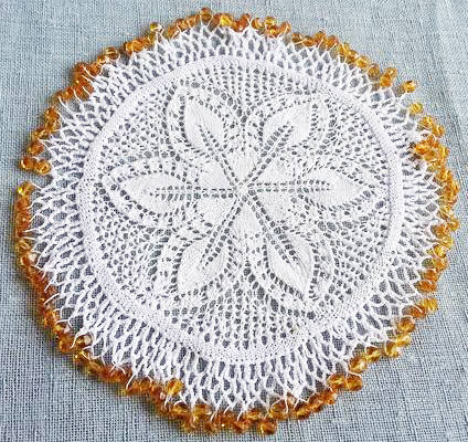 VINTAGE, WHITE HAND KNITTED DOILY WITH THE FINEST COTTON,  GLASS BEADS