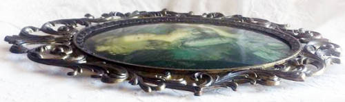 LARGE VINTAGE, SILK PRINT OF A VICTORIAN LADY BEHIND CONVEX GLASS, ORNATE CAST BRASS ITALY FRAME