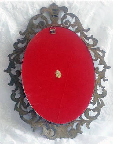 LARGE VINTAGE, SILK PRINT OF A VICTORIAN LADY BEHIND CONVEX GLASS, ORNATE CAST BRASS ITALY FRAME