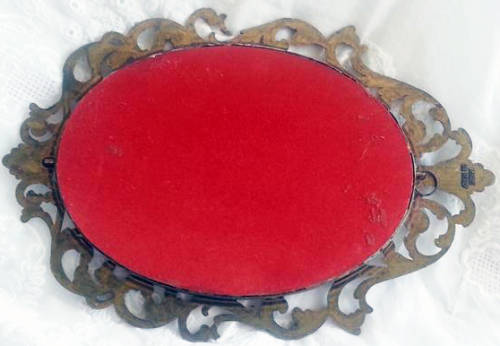 LARGE VINTAGE, SILK PRINT OF A VICTORIAN LADY BEHIND CONVEX GLASS, ORNATE CAST BRASS ITALY FRAME
