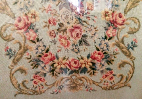 MY CHRISTMAS GIFT TO YOU !!!!!   LARGE CARVED WOODEN FIRESCREEN, FLORAL TAPESTRY
