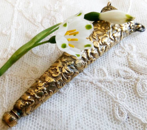 ANTIQUE VICTORIAN CHATELAINE SCISSOR CASE, AGE WORN SILVER PLATE OVER BRASS