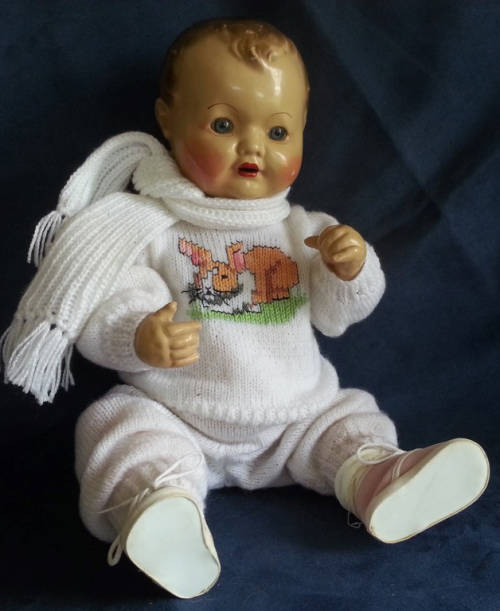 DELIGHTFUL ALL COMPOSITION VINTAGE BABY DOLL WITH SPARKLING BRIGHT BLUE EYES