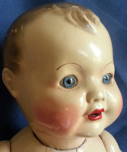 DELIGHTFUL ALL COMPOSITION VINTAGE BABY DOLL WITH SPARKLING BRIGHT BLUE EYES