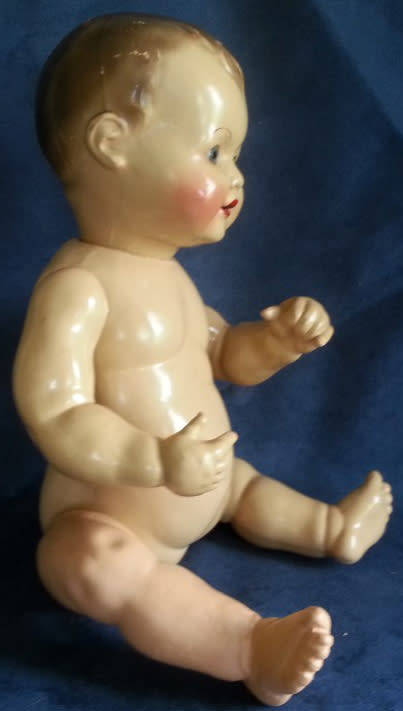 DELIGHTFUL ALL COMPOSITION VINTAGE BABY DOLL WITH SPARKLING BRIGHT BLUE EYES
