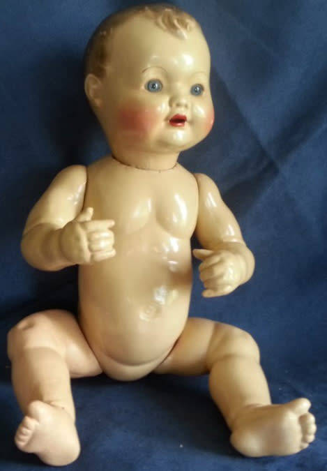 DELIGHTFUL ALL COMPOSITION VINTAGE BABY DOLL WITH SPARKLING BRIGHT BLUE EYES