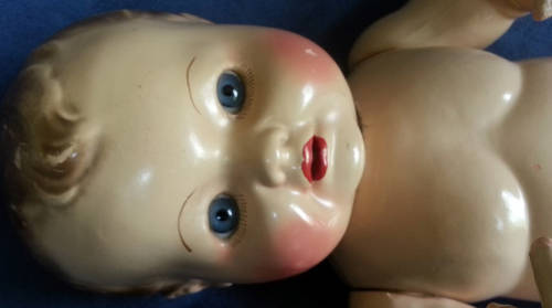 DELIGHTFUL ALL COMPOSITION VINTAGE BABY DOLL WITH SPARKLING BRIGHT BLUE EYES