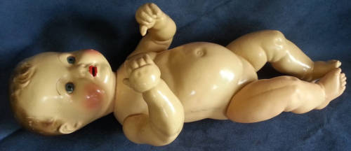 DELIGHTFUL ALL COMPOSITION VINTAGE BABY DOLL WITH SPARKLING BRIGHT BLUE EYES