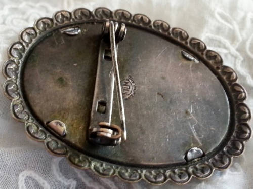 VINTAGE T.C.M. PORTRAIT PRINT PORCELAIN BROOCH, THOMAS C. MOTT. FRAME SILVER PLATE OVER COPPER ?