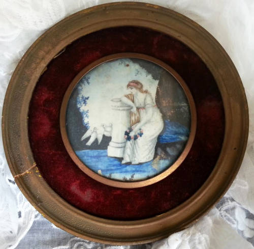 RARE 1800s VICTORIAN  MINIATURE MOURNING ART, HAND PAINTED ONTO IVORY,  FRAMED BEHIND  GLASS,