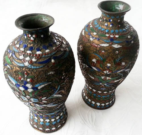 PAIR OF ANTIQUE, CHINESE BRASS AND ENAMELED VASES.