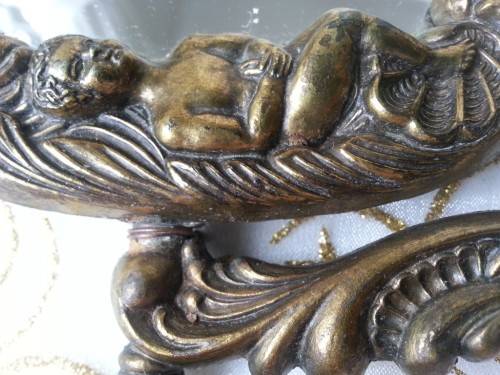 ANTIQUE LADIES VANITY DRESSER, BRONZED, CAST BRASS SWIVEL MIRROR WITH CHERUBS, ORNATE ROCOCO DESIGN