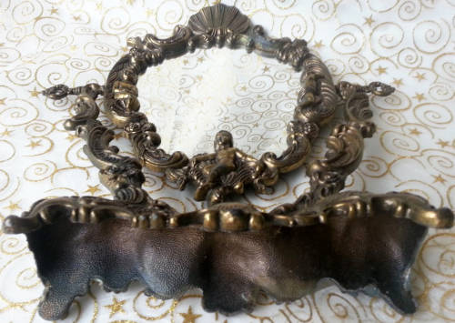 ANTIQUE LADIES VANITY DRESSER, BRONZED, CAST BRASS SWIVEL MIRROR WITH CHERUBS, ORNATE ROCOCO DESIGN