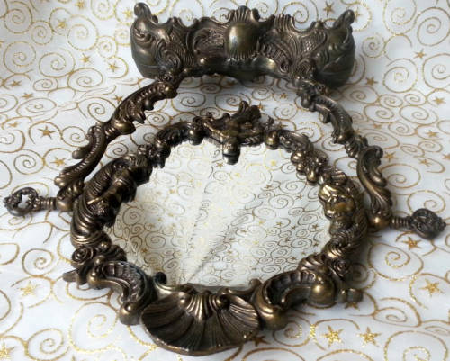 ANTIQUE LADIES VANITY DRESSER, BRONZED, CAST BRASS SWIVEL MIRROR WITH CHERUBS, ORNATE ROCOCO DESIGN