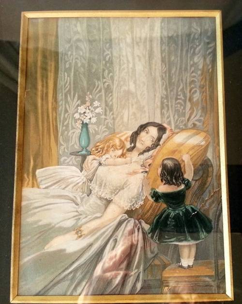 CHARMING ANTIQUE GEORGIAN WATER COLOUR PAINTING ON PAPER, MOTHER AND HER TWO DAUGHTERS.