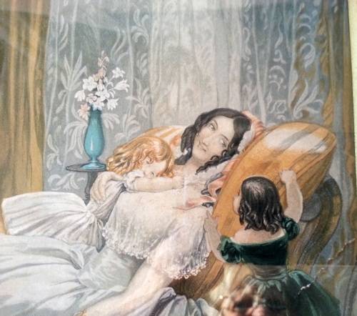 CHARMING ANTIQUE GEORGIAN WATER COLOUR PAINTING ON PAPER, MOTHER AND HER TWO DAUGHTERS.