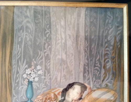 CHARMING ANTIQUE GEORGIAN WATER COLOUR PAINTING ON PAPER, MOTHER AND HER TWO DAUGHTERS.