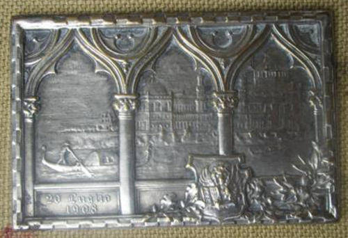 ANTIQUE, VENETIAN MEMENTO 2O th JUNE 1908  PLAQUE,  SILVER PLATED OVER BRASS