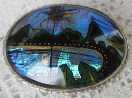 1930s BUTTERFLY WINGS, REVERSE GLASS  HAND PAINTED " BRASIL " ALFONSO BROOCH
