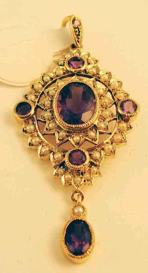 9ct  Solid Gold Genuine Amethysts and Seed Pearls Pendant.