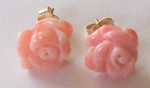 14ct solid Yellow Gold and Genuine Coral " flower " Earrings