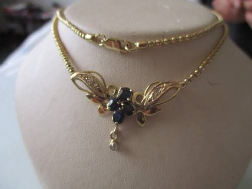 9ct. Solid  Yellow  Gold Necklace with Blue Sapphire and Diamonds