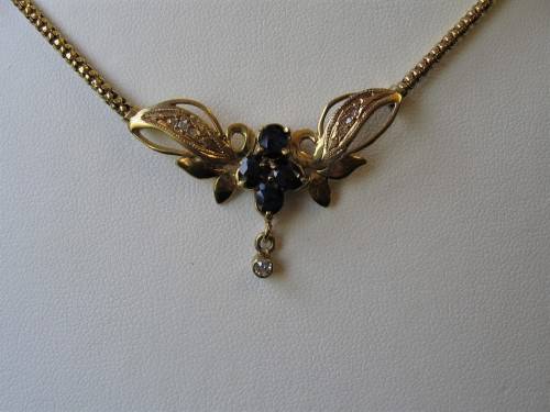 9ct. Solid  Yellow  Gold Necklace with Blue Sapphire and Diamonds