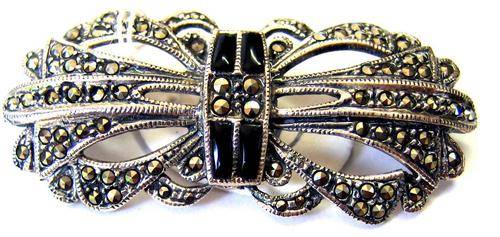 Clasic Sterling Silver, Marcasite and Black Onyx Brooch.