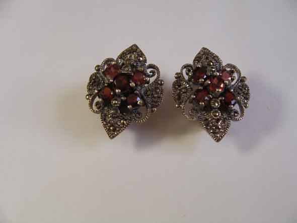 A pair of Sterling Silver, Marcasite and Genuine Garnet Earrings.
