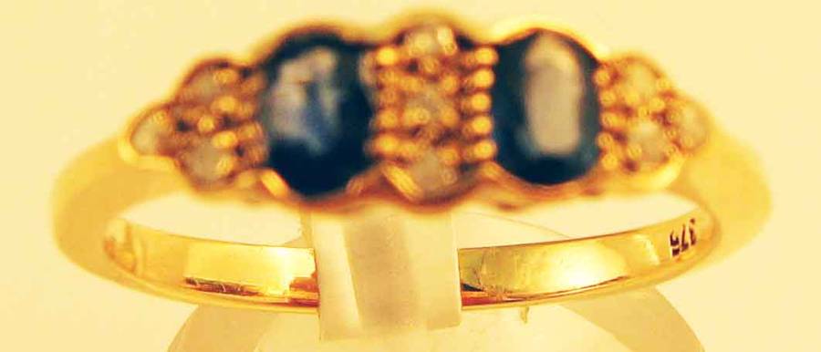 Fine 9 k solid Gold, Genuine Blue sapphires and Diamonds Ring