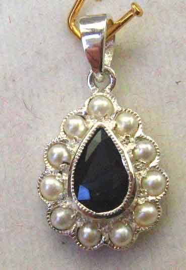 Sterling Silver wih Genuine Sapphire and Seed Pearl Pendant.