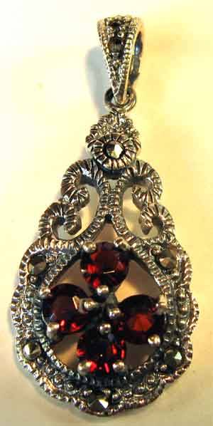 Stylish, Sterling Siver , Marcasite and  Garnets Pendant.