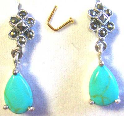 A Pair of Sterling Silver, Marcasite and Turquoise Earrings.