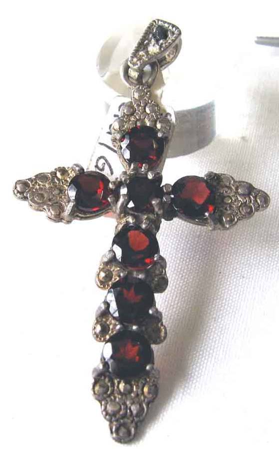 Genuine -Sterling Silver, Marcasite  and Garnets Cross / Pendant.