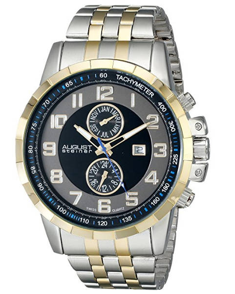 AUGUST STEINER® YELLOW GOLD&SILVER MULTIFUNCTION SWISS WATCH W/ GRAY&BLACK DIAL AND 2 TONE BRACELET