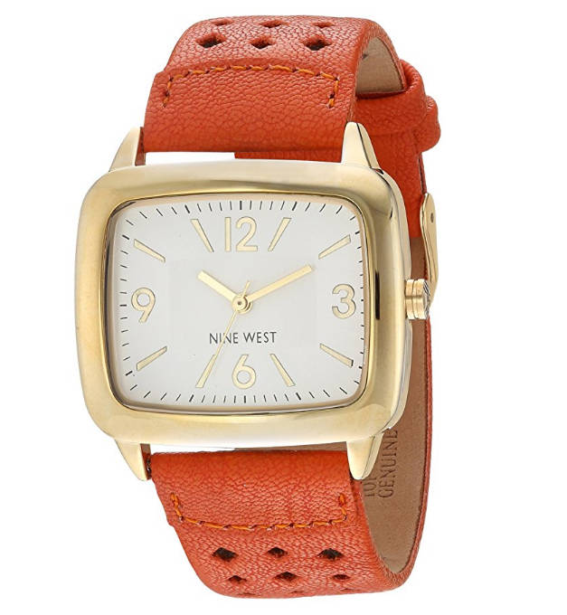 **GENUINE** NINE WEST® WOMEN'S  GOLD-TONE ORANGE PERFORATED STRAP WATCH W/  BOX & MANUAL