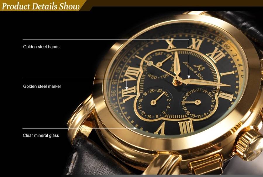 -I GENUINE I- KRONEN&SÖHNE Automatic Mechanical Date Day Black Leather 6 Hands Sport Men Watch