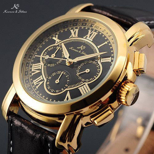 -I GENUINE I- KRONEN&SÖHNE Automatic Mechanical Date Day Black Leather 6 Hands Sport Men Watch