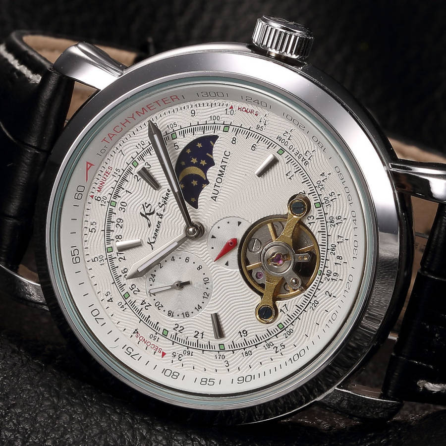 -I GENUINE I- KRONEN & SÖHNE Tourbillon Automatic Mechanical Sport Wrist Leather Watch