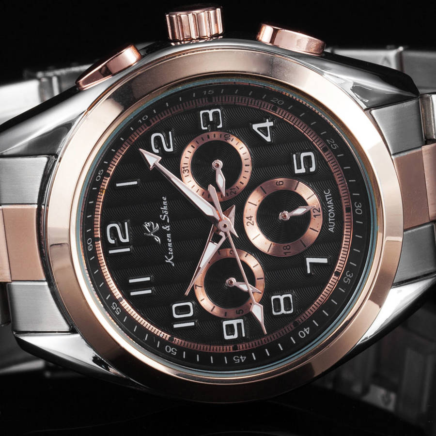 -I GENUINE I- KRONEN&SÖHNE Rose Gold Date Day Automatic Mechanical Steel Sport Wrist Watch