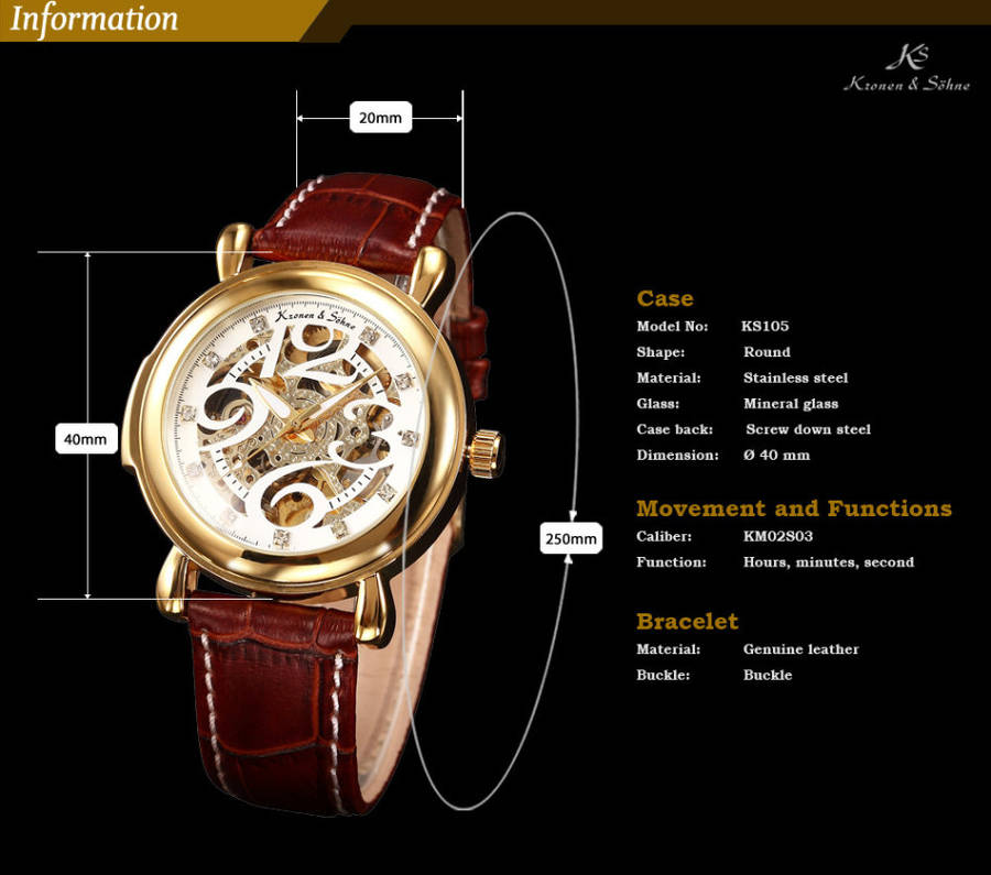 -I Late Entry !!! I GENUINE I- KRONEN & SÖHNE Automatic  Mechanical Crystal Skeleton Dial Watch