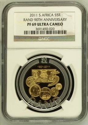 2011 SARB 90th Anniversary Silver R5 Bi-Colour Crown NGC Proof 69