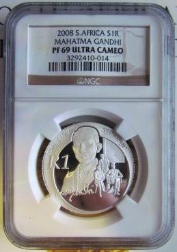 2008 Mahatma Gandhi SILVER PROTEA R1 PF69! + free 2011 SARB Anniversary R5 Uncirculated coin!!