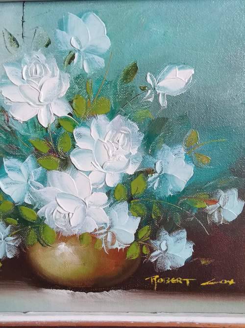 Gorgeous Little Original Oil Painting by Robert Cox of White Roses in Vase.