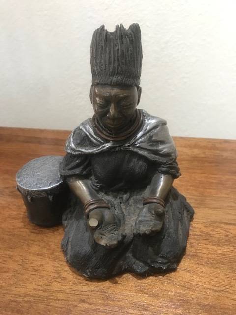 COLD CAST BRONZE SCULPTURE - OLD AFRICAN LADY WITH DRUM
