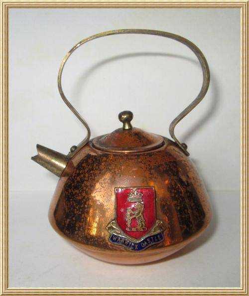 Brass & Copper Crested Lidded Tea Pot " Warwick Castle " from Blisful