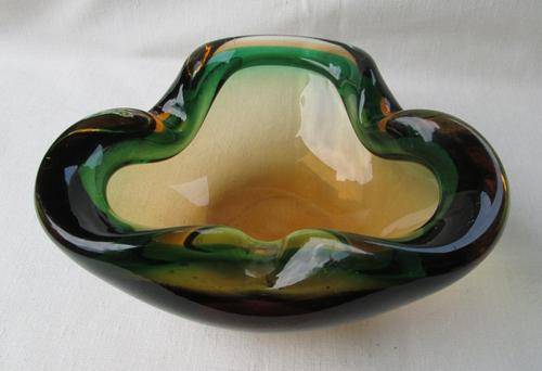 Vintage Solid Green & Brown Murano Glass Ashtray from Blisful