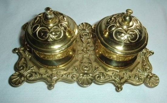 1900's ERA SOLID BRASS EMBOSSED TWIN DESK INK WELLS from BLISFUL