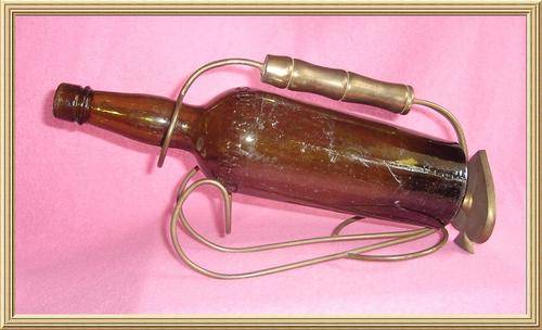 Brass Wine Bottle holder / pourer with enmply vintage green bottle from Blisful